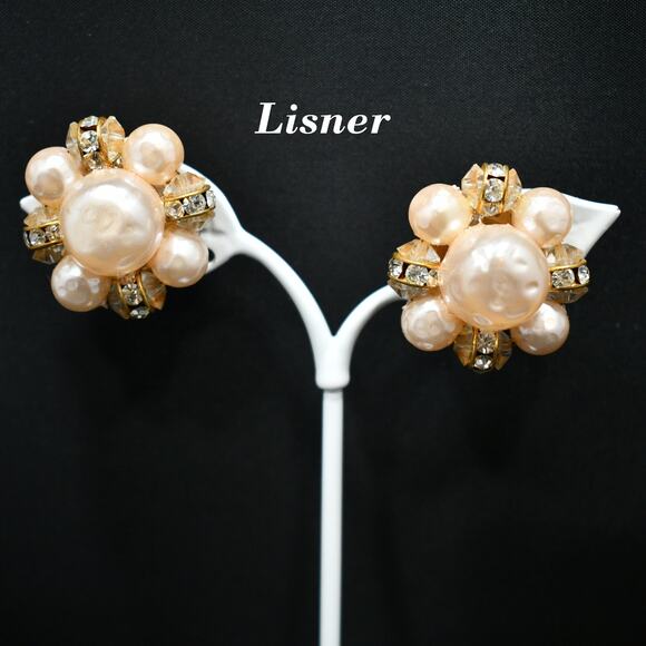 Vintage Lisner Pink Faux Pearl Rhinestone Earrings, Clip-On, Mid-Century, 1950s - Picture 1 of 10